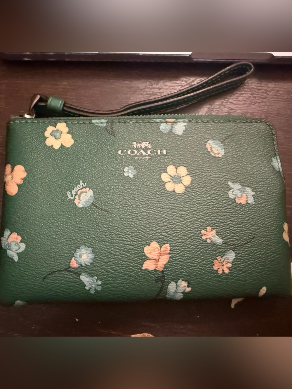 Coach Green Floral Leather Wristlet Clutch